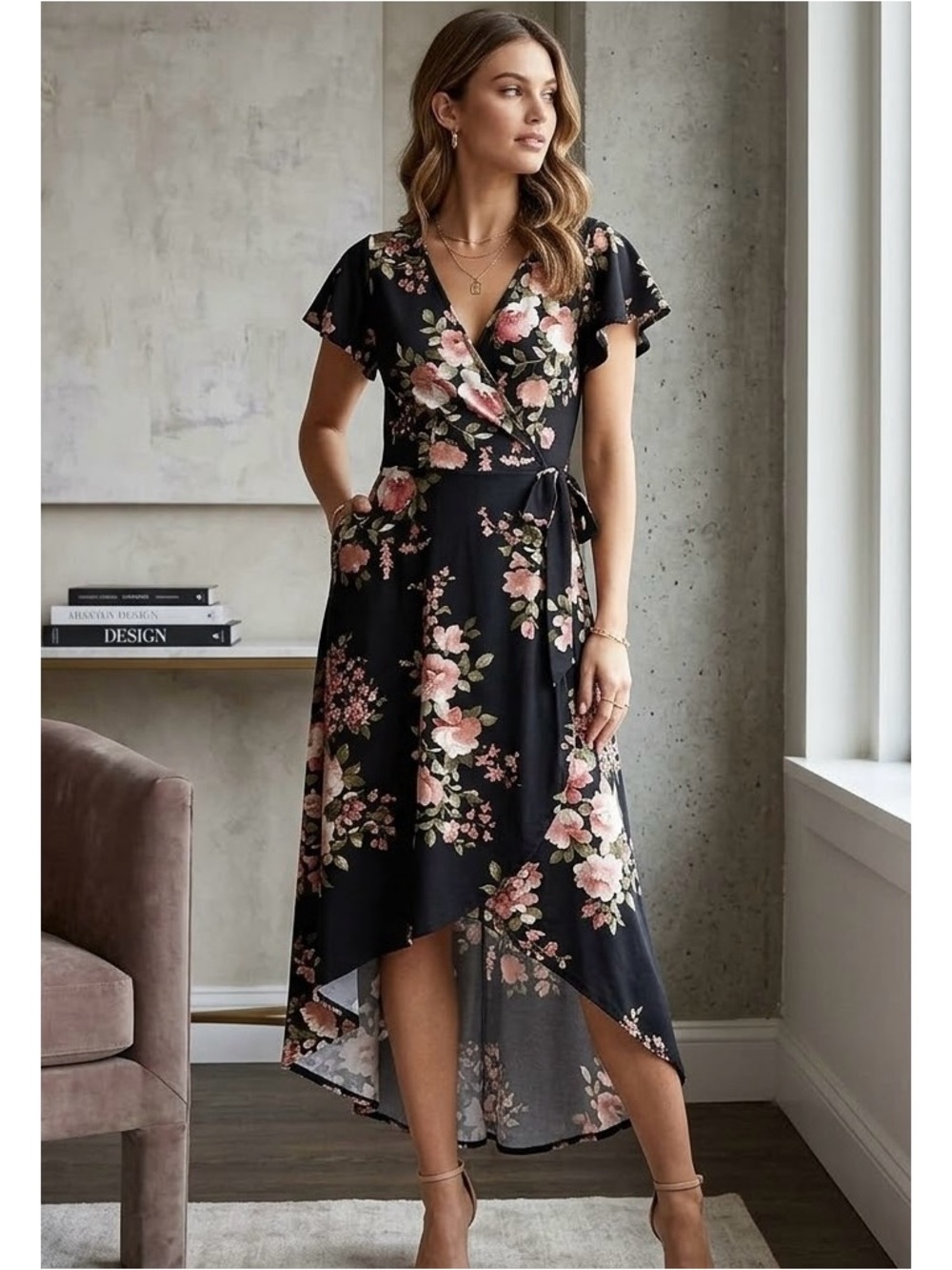 Fortune + Ivy Black Floral High-Low Wrap Stretch Dress with Pink Blooms XL